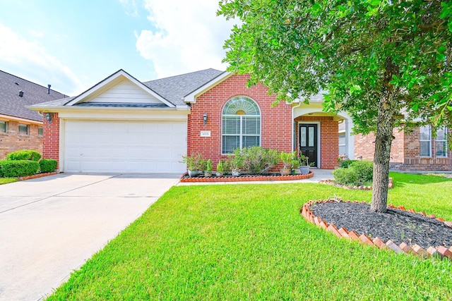 view of front of home with a front yard and a garage