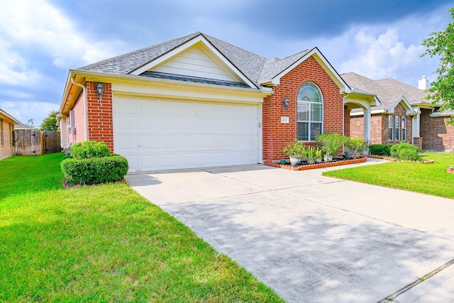 view of front of home featuring a front yard and a garage