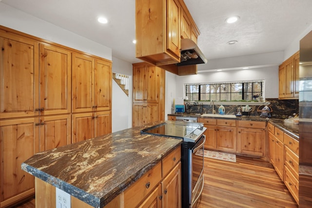 kitchen featuring dark stone counters, electric stove, sink, light hardwood / wood-style flooring, and a kitchen island