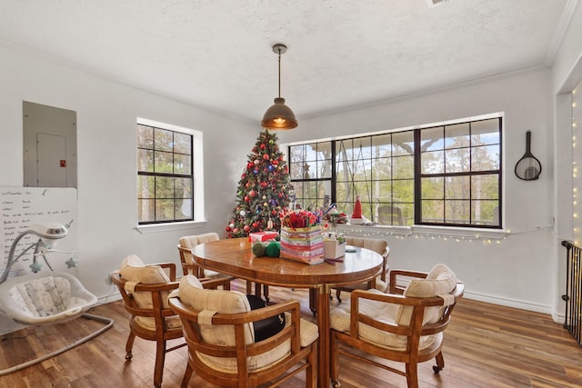 dining room with a textured ceiling, electric panel, hardwood / wood-style flooring, and crown molding