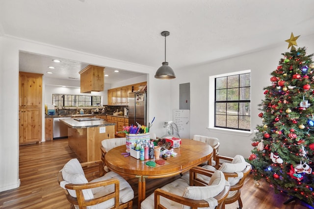 dining space with electric panel and light hardwood / wood-style floors