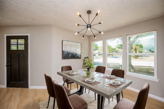 dining space with a textured ceiling, light hardwood / wood-style flooring, and plenty of natural light