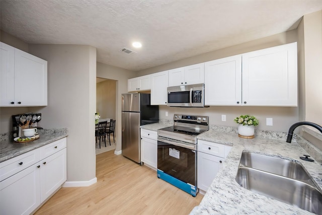 kitchen with light stone counters, stainless steel appliances, sink, light hardwood / wood-style flooring, and white cabinetry