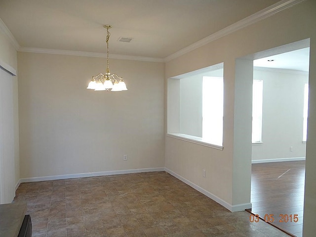 unfurnished room with hardwood / wood-style flooring, a notable chandelier, and ornamental molding