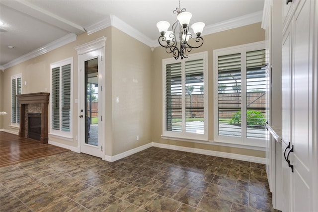 unfurnished dining area featuring dark hardwood / wood-style floors, an inviting chandelier, and crown molding