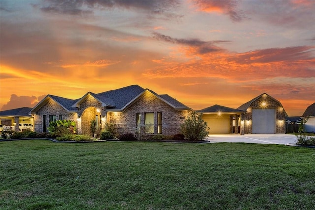 view of front facade featuring a lawn and a garage