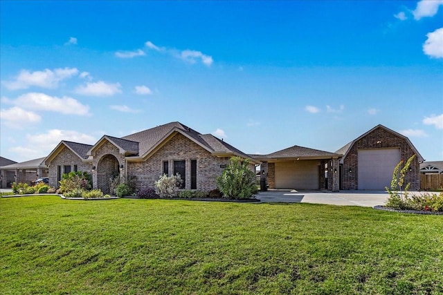 single story home with a garage and a front lawn