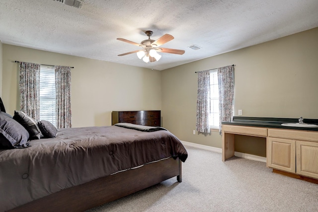 carpeted bedroom with multiple windows, ceiling fan, sink, and a textured ceiling