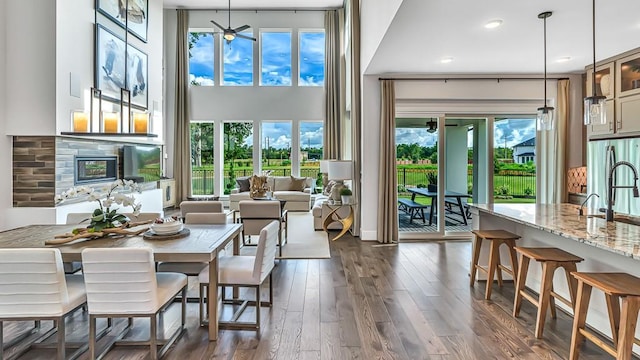 dining area with plenty of natural light, dark wood-type flooring, and ceiling fan