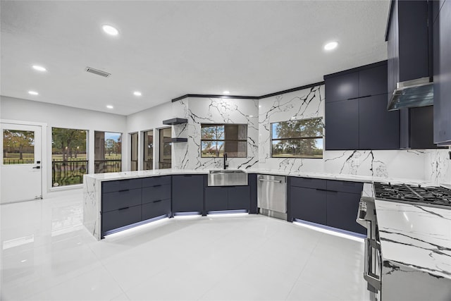 kitchen with decorative backsplash, light stone countertops, stainless steel dishwasher, sink, and light tile patterned floors