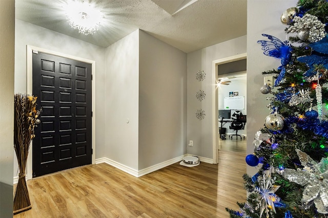 entryway with a textured ceiling and hardwood / wood-style flooring