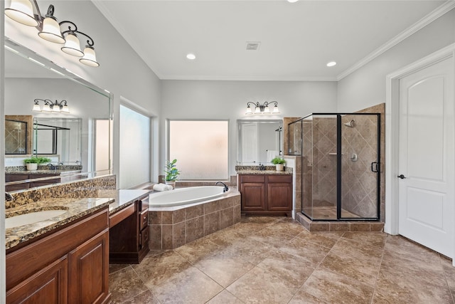 bathroom with vanity, independent shower and bath, and ornamental molding