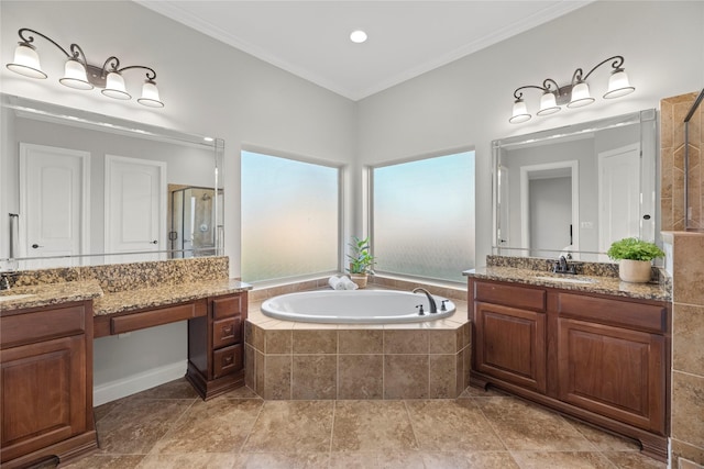 bathroom with vanity, plus walk in shower, and ornamental molding