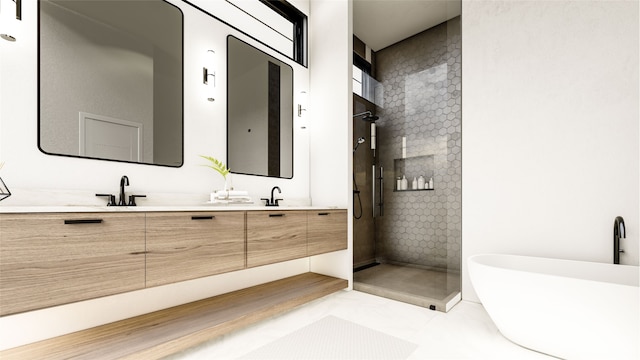 bathroom featuring tile patterned flooring, vanity, and shower with separate bathtub