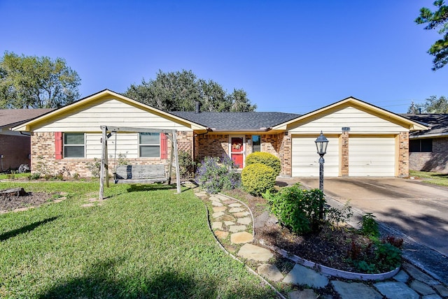 single story home featuring a garage and a front lawn