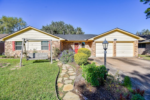 ranch-style home featuring a front lawn and a garage