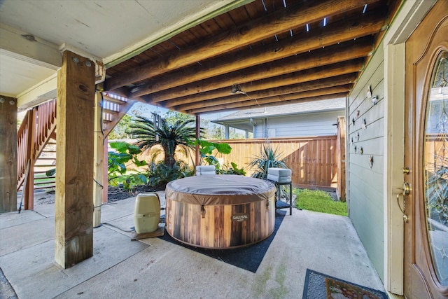 view of patio featuring a hot tub