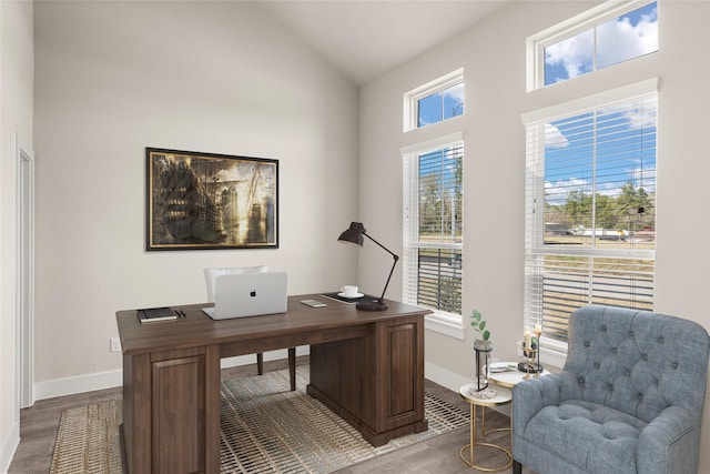 office featuring plenty of natural light, high vaulted ceiling, and hardwood / wood-style floors