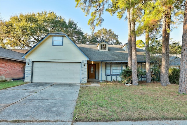 9130 Kirkleigh St, Spring, TX 77379 - view of front of property with a garage, a front lawn, concrete driveway, roof with shingles, and covered porch