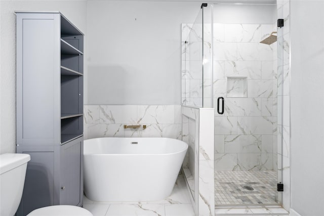 bathroom featuring toilet, tile walls, and independent shower and bath