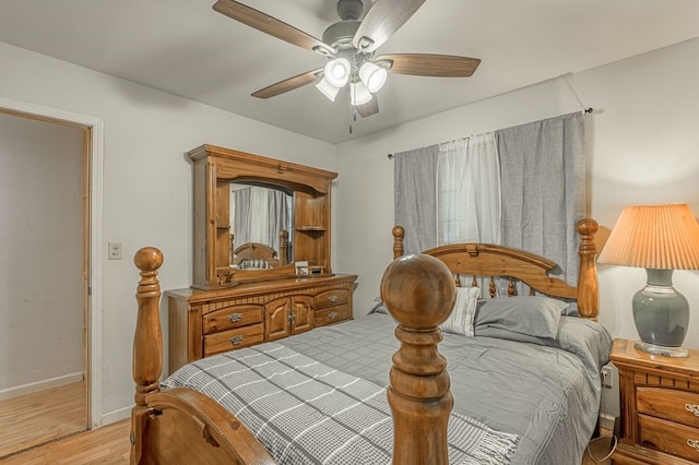 bedroom with light hardwood / wood-style flooring and ceiling fan