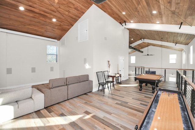 recreation room with light hardwood / wood-style floors, high vaulted ceiling, ceiling fan, and pool table