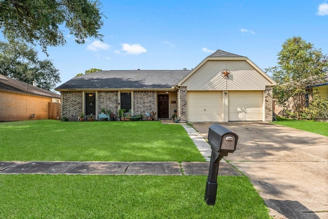 single story home with a front yard and a garage