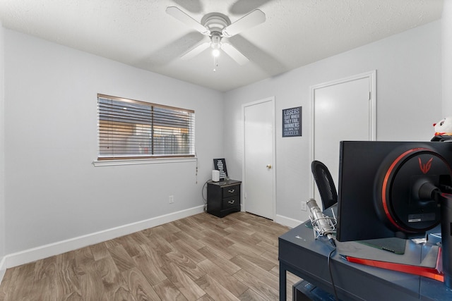 office area featuring a textured ceiling, ceiling fan, and light hardwood / wood-style floors