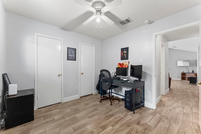 home office featuring ceiling fan and light wood-type flooring