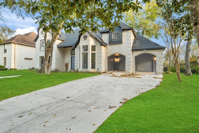 view of front of house with a front yard and a garage