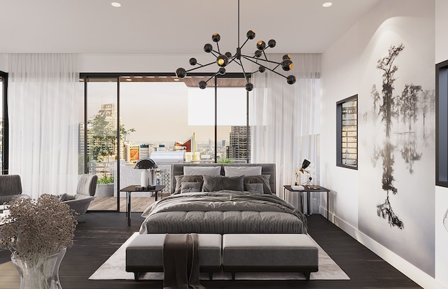 bedroom with a chandelier, dark hardwood / wood-style floors, and multiple windows