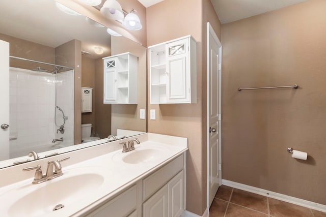 full bathroom featuring toilet, tile patterned flooring, shower / bath combination, and vanity