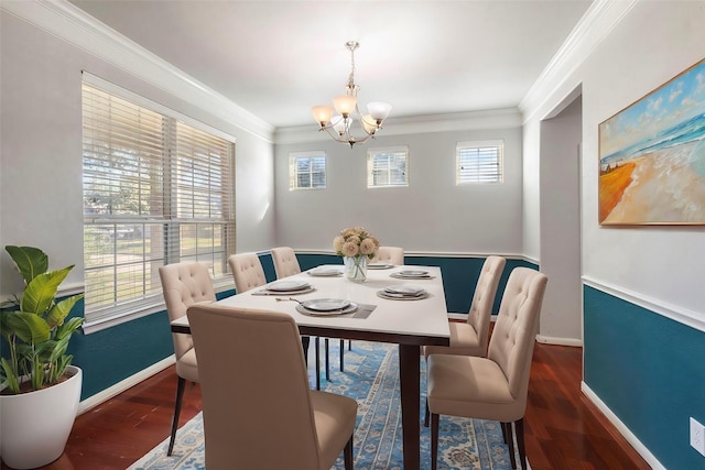 dining area with plenty of natural light, dark hardwood / wood-style floors, and a notable chandelier