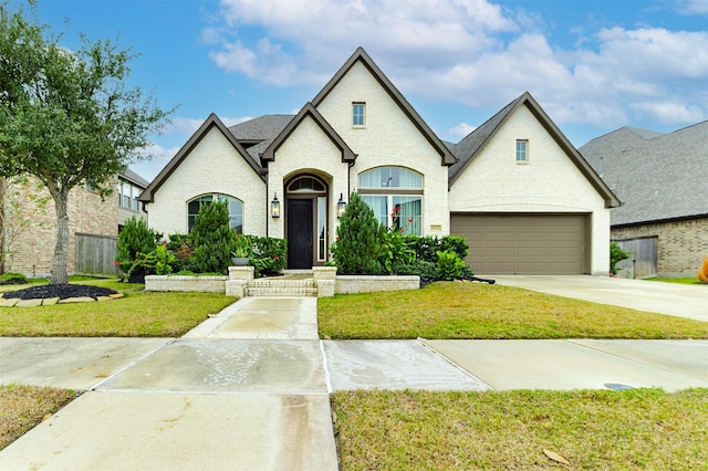 french country inspired facade with a garage, concrete driveway, fence, a front lawn, and brick siding