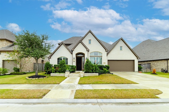 french country inspired facade with driveway, a garage, roof with shingles, fence, and a front lawn