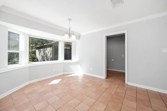 unfurnished dining area with light tile patterned flooring, a chandelier, and ornamental molding