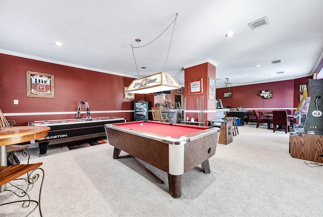 rec room featuring light carpet, ceiling fan, ornamental molding, and billiards