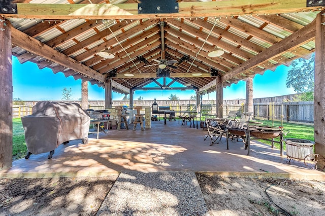 view of patio / terrace featuring a gazebo, grilling area, and ceiling fan