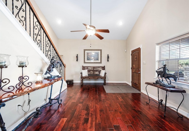 foyer featuring ceiling fan, dark wood-type flooring, and high vaulted ceiling