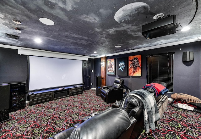 carpeted cinema with a textured ceiling