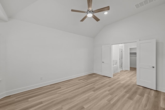 8618 Sun Coral Dr, Cypress, TX 77433 - unfurnished bedroom with light wood-type flooring, visible vents, vaulted ceiling, ceiling fan, and baseboards