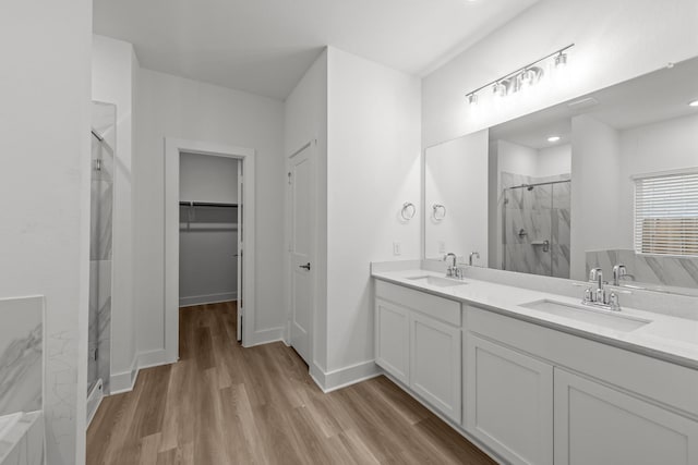 8618 Sun Coral Dr, Cypress, TX 77433 - bathroom featuring wood finished floors, a stall shower, a spacious closet, and a sink