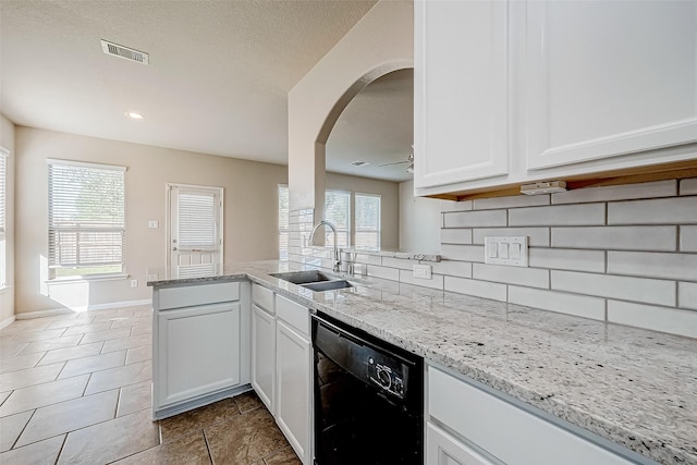 kitchen with tasteful backsplash, white cabinets, a wealth of natural light, sink, and dishwasher