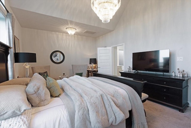 bedroom with light carpet, high vaulted ceiling, and an inviting chandelier