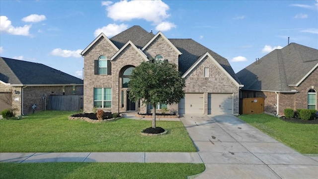 view of front of property with brick siding, concrete driveway, fence, a garage, and a front lawn