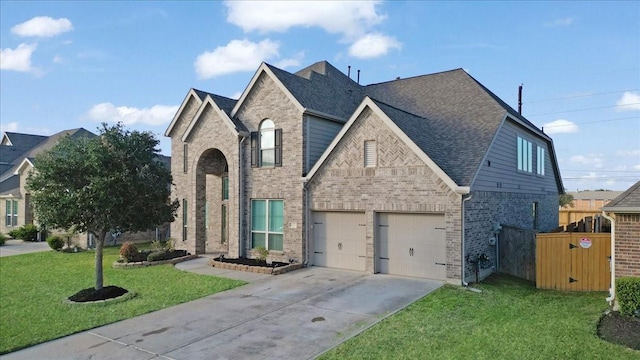 view of front of house featuring brick siding, a shingled roof, concrete driveway, an attached garage, and a front yard