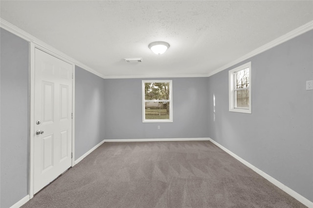 carpeted spare room featuring a healthy amount of sunlight, ornamental molding, and a textured ceiling