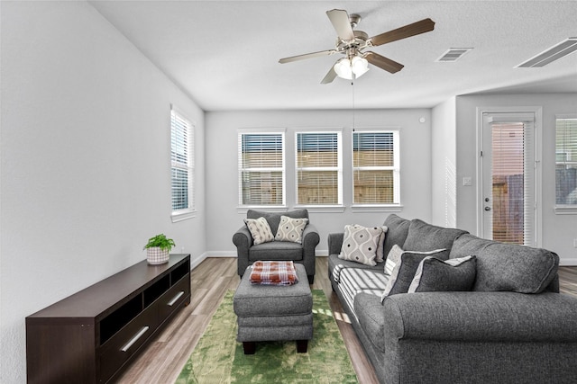 living room featuring ceiling fan, a textured ceiling, and light hardwood / wood-style flooring