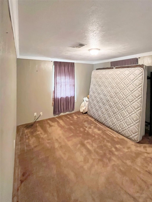 interior space featuring a textured ceiling, carpet floors, and crown molding