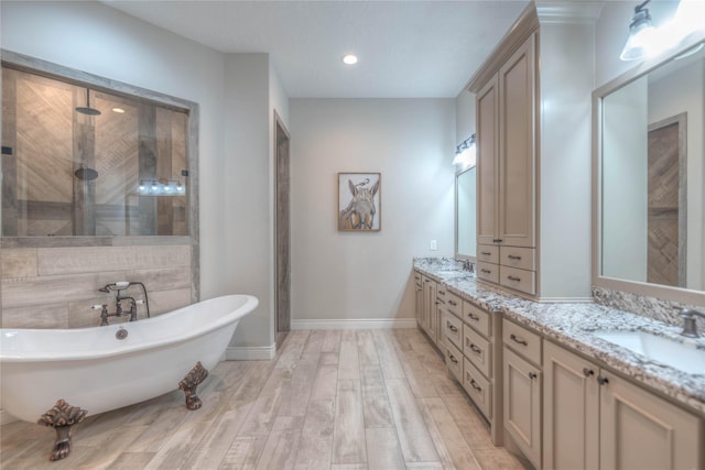 bathroom featuring wood-type flooring, vanity, and independent shower and bath